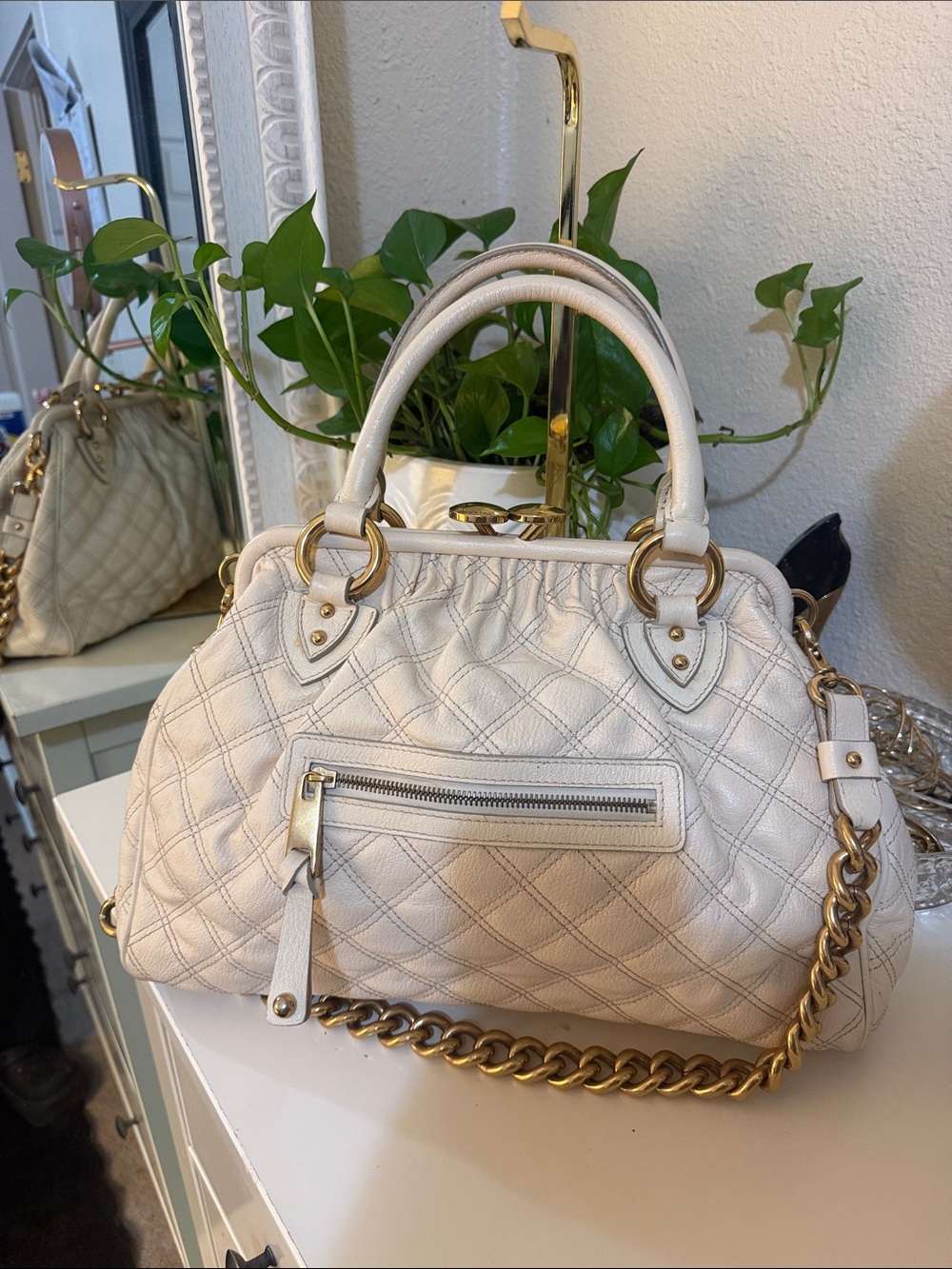vintage large  ivory Marc Jacobs Stam Bag. Quilted Leather Top-Handle Satchel